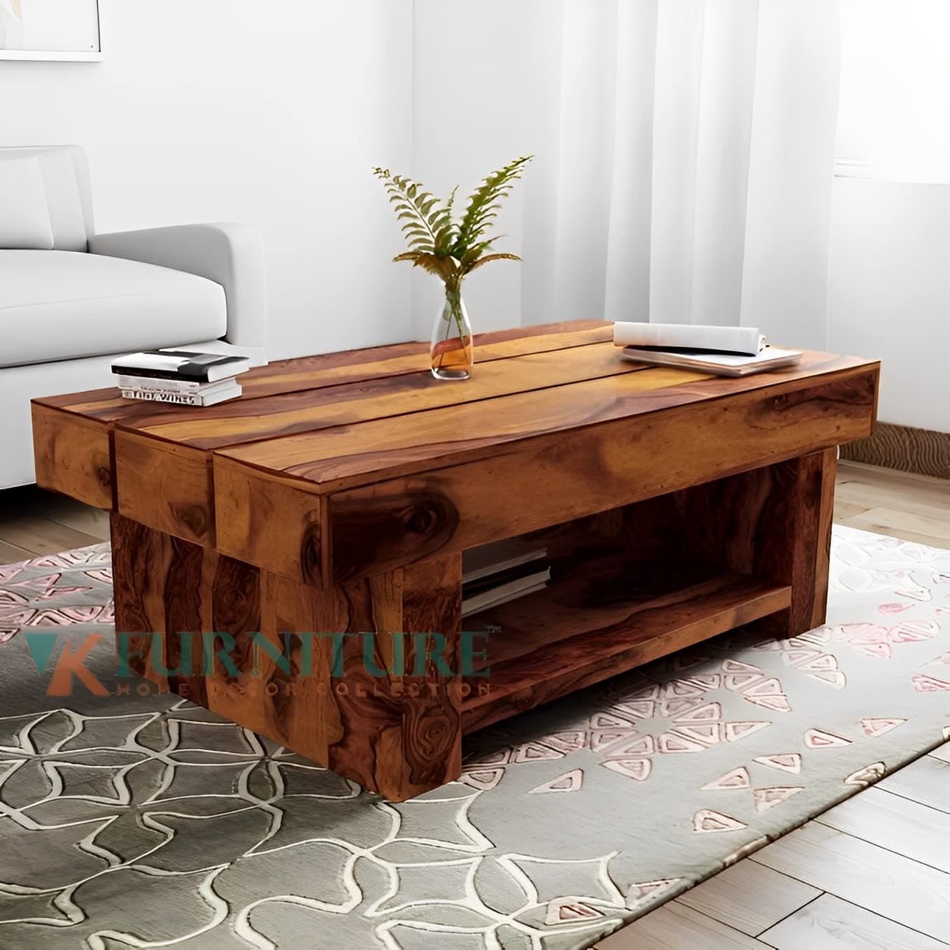 VK Furniture Solid Sheesham Wood Center Coffee Table for Living Room Bed Room Waiting Room Hotels Office Restaurant Cafe | Wooden Coffee Table | Center Table | Brown Honey Finish