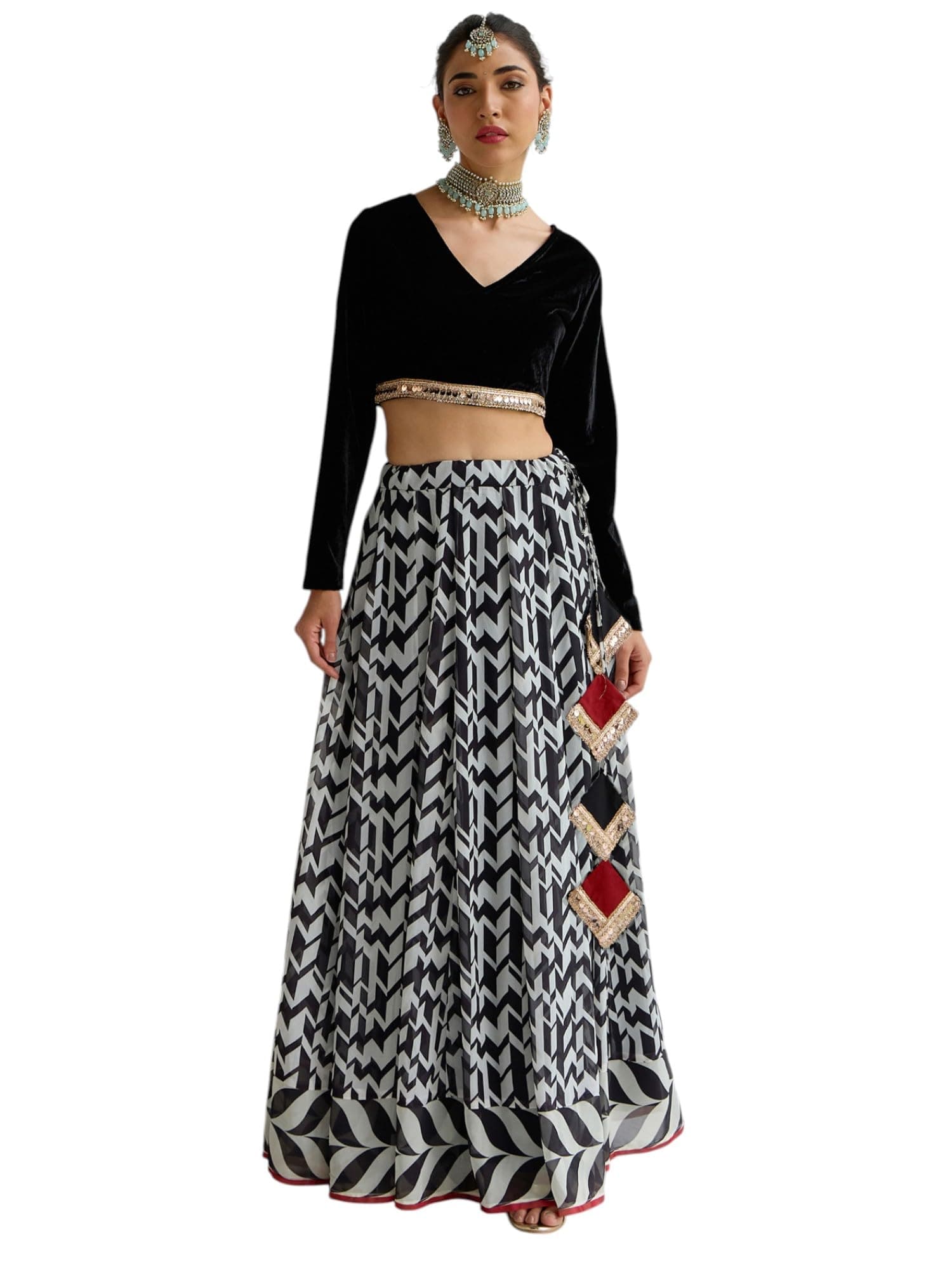 Shae by Sassafras Velvet V Neck Crop Top with Anarkali Skirt Lehenga Choli Set