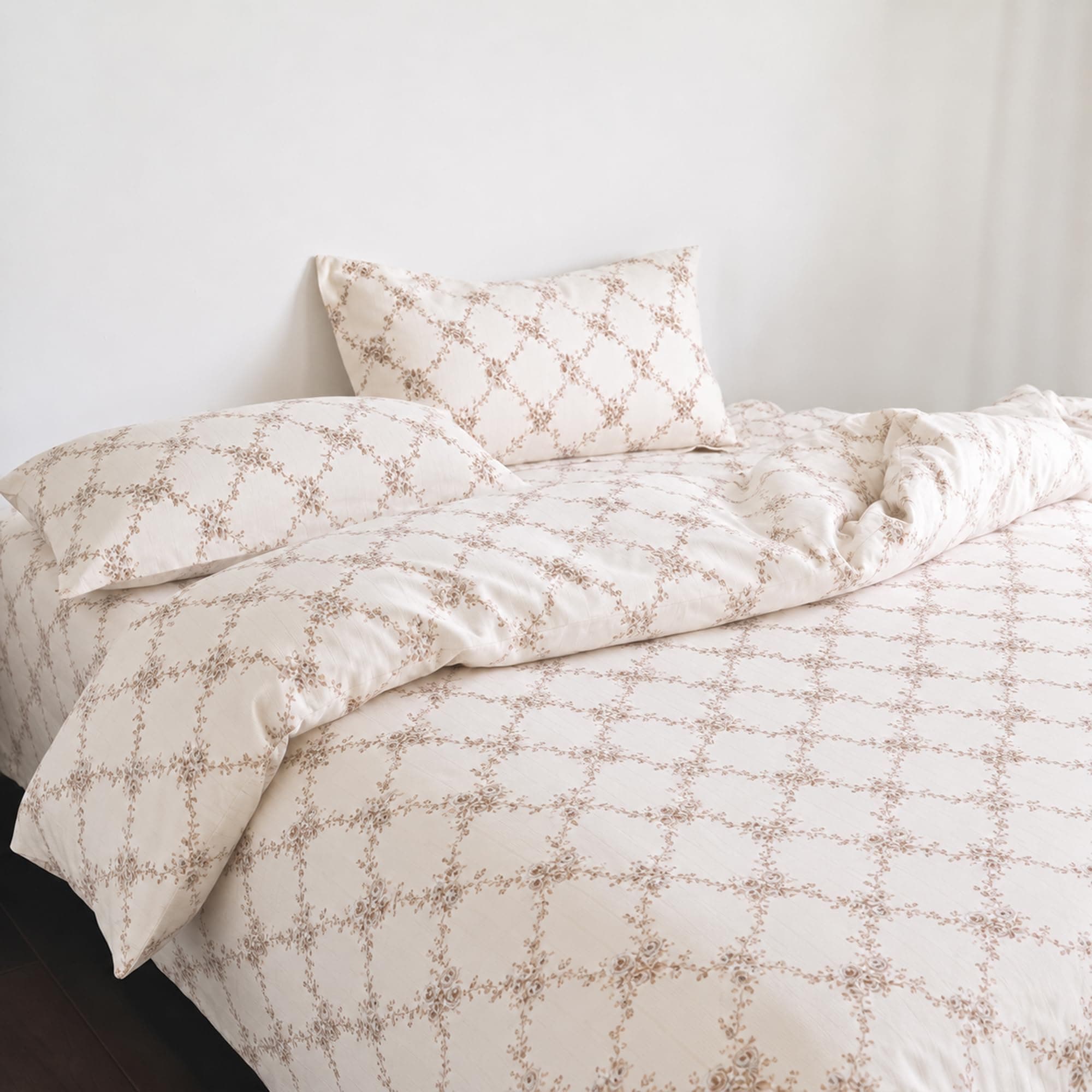 Home Elegance from House of Mytrident | Linen Feel Bed Sheet for Double Bed King Size with Two Pillow Covers | Ultrasoft | Floral 274cm x 250cm | myTrident - Elm Brown