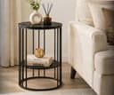 Modern Double-Top Coffee Table with Rustic Farmhouse Accent, Multipurpose Living Room Bedroom, Two-Tier Small Sofa Side Bedside Table with Metal Frame Nightstand (Black White) 5