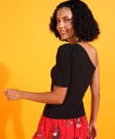 POPWINGS Women Casual Black Assymtrical One Side Sleeve Crop Top Tops for Women | Stylish Tops for Women | Trendy Tops Women 3