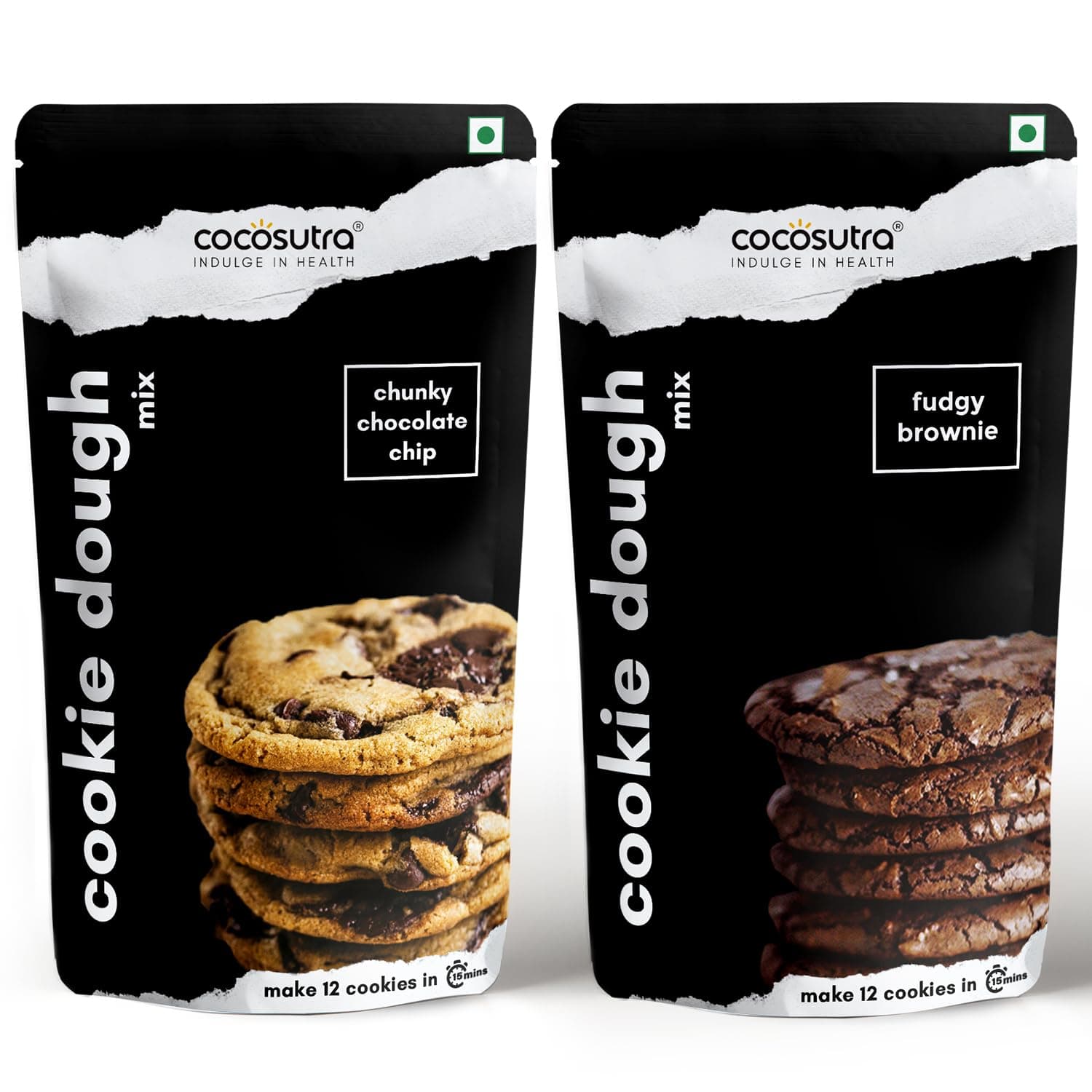 Cocosutra Cookie Dough Mix Combo Pack | Chunky Chocolate Chip & Fudgy Brownie | Makes 24 Cookies | Instant Baking Mix | Made with Natural Ingredients | Easy 3-Step Recipe – Whisk, Scoop & Bake | 2 x 220g (440g)
