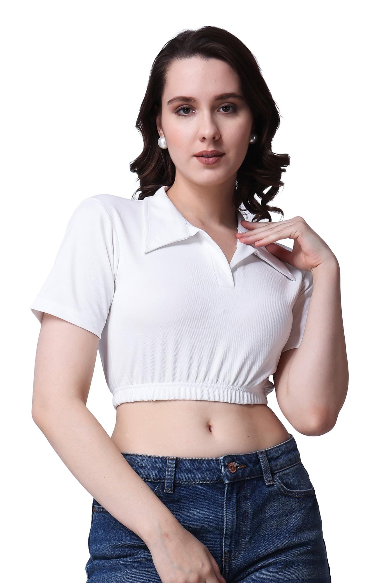 POPWINGS Women Casual Black Solid Collar Crop Top