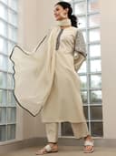 Libas Beige solid straight kurta with floral embroidered sleeves with solid palazzo and dupatta | ethnic wear | bridal suit | wedding dress | occasion wear 2
