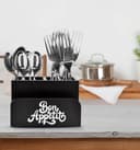 Dime Store Wooden Cutlery Holder for Dining Table & Kitchen, Multipurpose Utensil Organizer Caddy with Tissue Holder for Spoons, Forks, Spatulas & Napkins (Black) 2