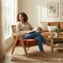 Kingsman Furnitures ABEL Rattan Teak Wood Accent Arm Chair for Home Bedroom, Living, Dining, Drawing Room | Ultra Soft and Comfortable for Stress Free | Removable Cushion (Natural-BurntOrange-Velvet) 4