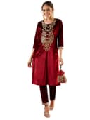 Shae by SASSAFRAS Women Velvet Embroidered Round Neck Kurta With Pencil Pants 1