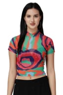 POPWINGS Women Casual Green Black Geomatrics Print Halter Neck Half Sleeve Net Crop Top 1