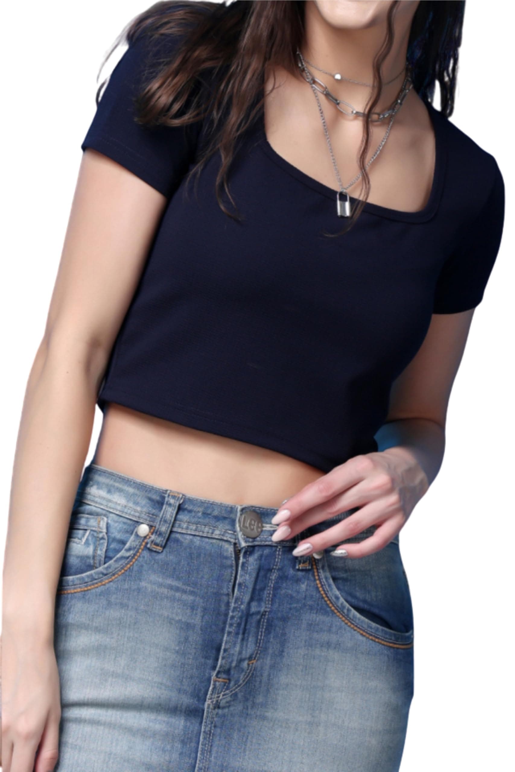 POPWINGS Women Casual Black Solid Short Sleeve Self Design Crop Top | Women Tops | Women Regular Tops | Women Tops | Women Stylish Tops