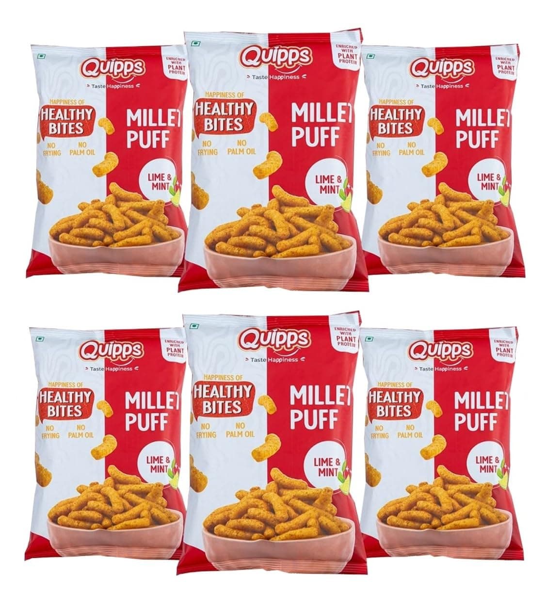 Quipps Millet Puff Lime & Mint | Pack of 6, 60g Each | Non-Fried Crunchy Snack | Plant Protein Enriched | Made with Millet, Rice & Corn | Gluten Free | No Palm Oil | No Artificial Preservatives | Office & Travel Snack