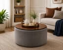 Elegant Round Coffee Table with Wooden Top & Storage Ottoman | Modern Centre Tea Table for Living Room | Farmhouse Wood Drum Coffee Table Furniture for Home & Lounge | Grey Finish 1