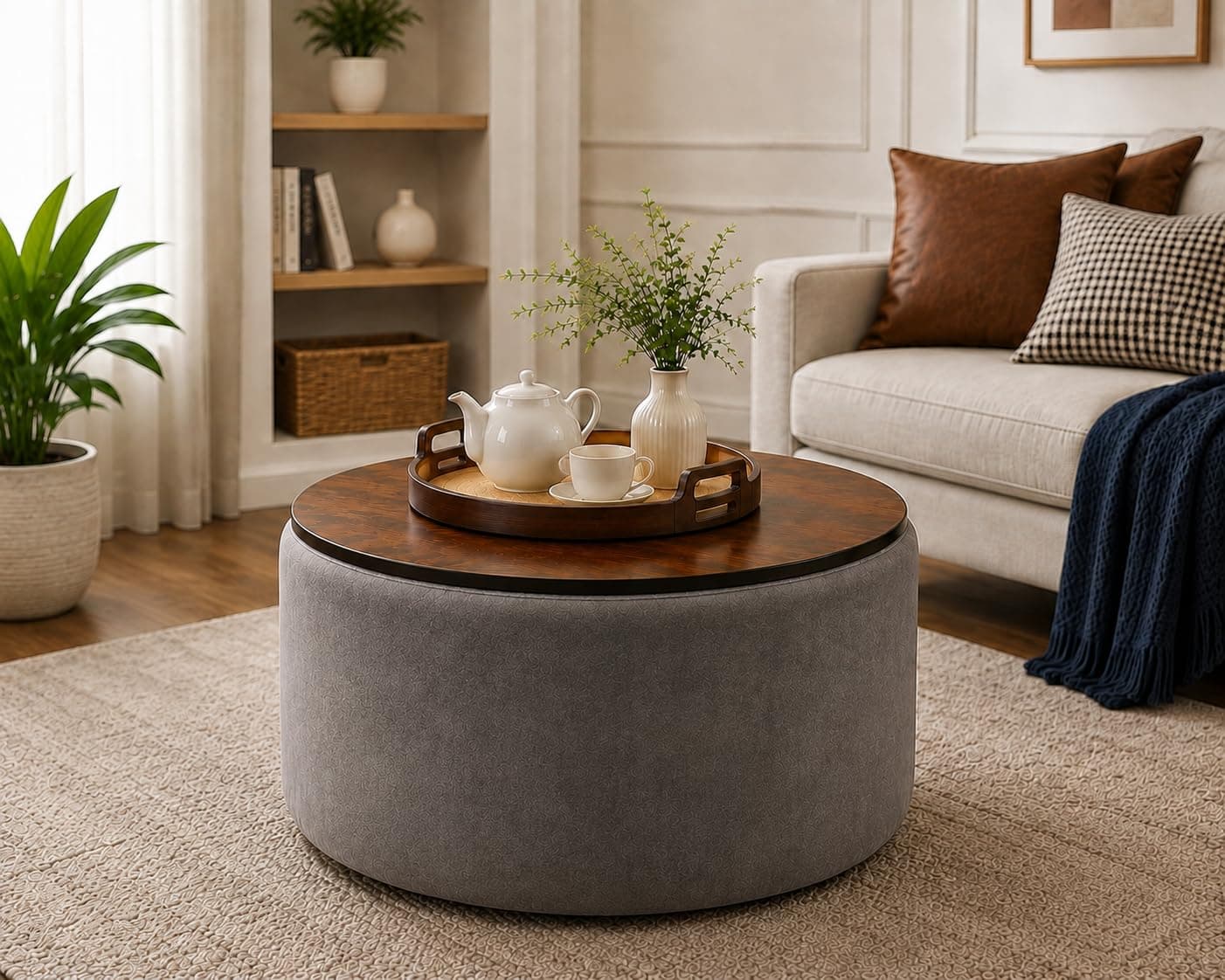 Elegant Round Coffee Table with Wooden Top & Storage Ottoman | Modern Centre Tea Table for Living Room | Farmhouse Wood Drum Coffee Table Furniture for Home & Lounge | Grey Finish