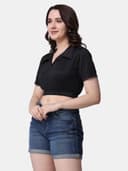 POPWINGS Women Casual Black Solid Collar Crop Top 2