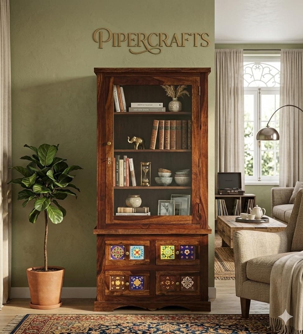 Solid Sheesham Wooden Bookshelf with Glass Door for Living Room, Multipurpose for Home Office Bed Room Study Kitchen, Solid Wood Bookcase Provincial Teak Finish