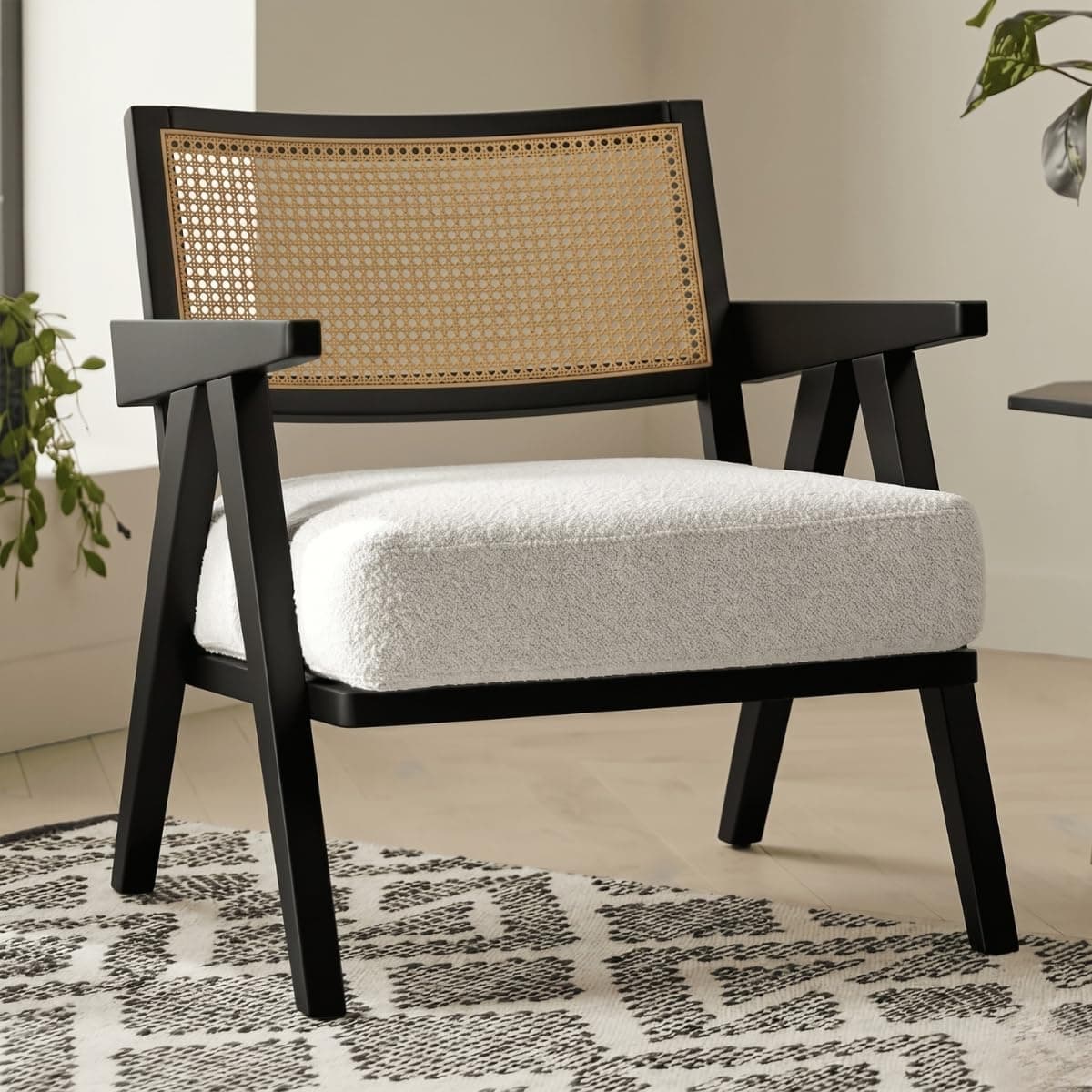 Kingsman Furnitures ABEL Rattan Teak Wood Accent Arm Chair for Home Bedroom, Living, Dining, Drawing Room | Ultra Soft and Comfortable for Stress Free | Removable Cushion (Black-Cream-Boucle)