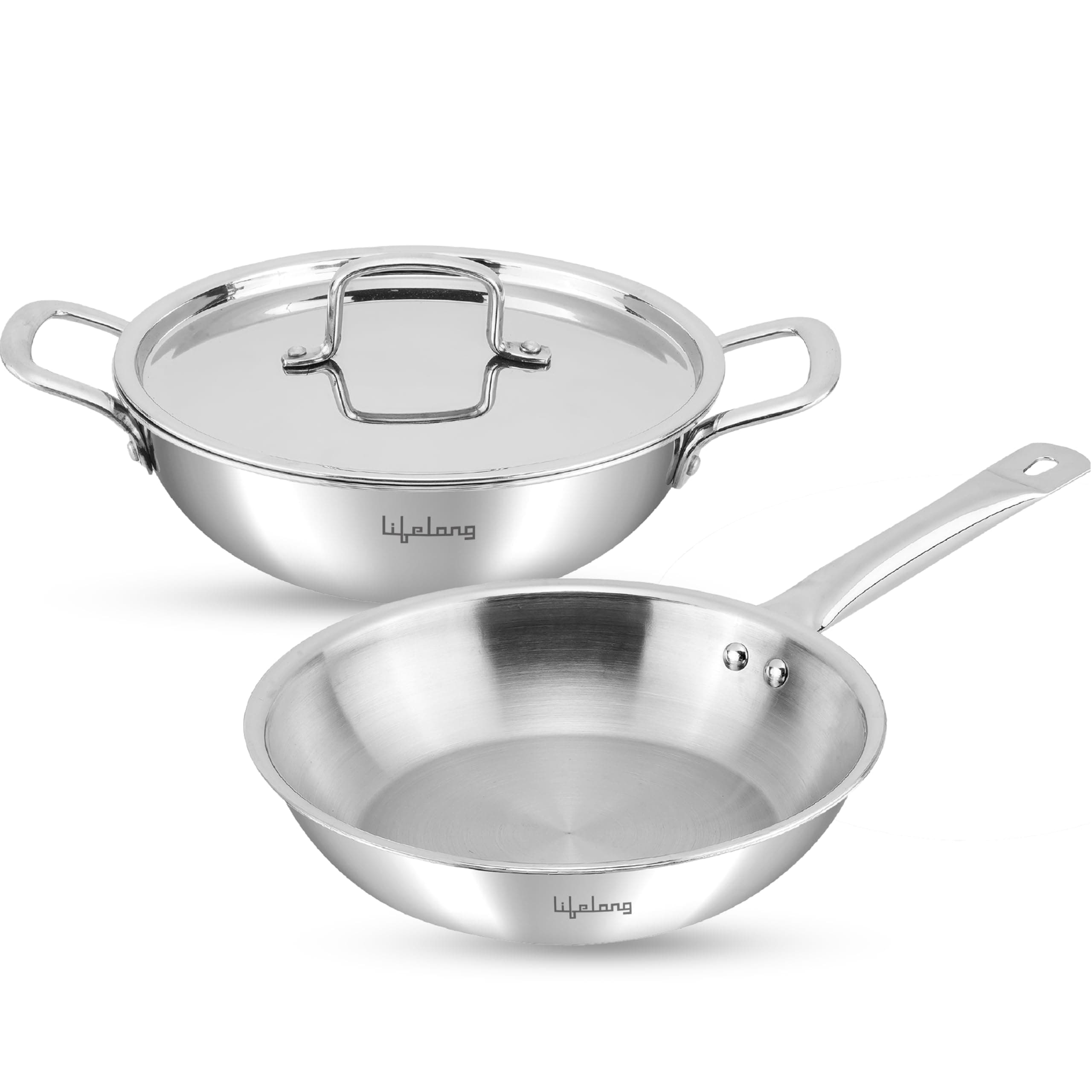 Lifelong Triply 3 piece cookware Set| 22cm Fry Pan (1.25L) & 22cm Triply Kadhai (2L) with Common Steel Lid | Soft Touch Handle | Even Heat Distribution | Induction & Gas Stove Compatible (Silver)