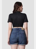 POPWINGS Women Casual Black Solid Collar Crop Top 3