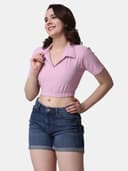 POPWINGS Women Casual Black Solid Collar Crop Top 2