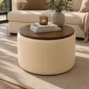 Elegent Round Coffee Table with Wooden Top, Storage Ottoman Tables for Living Room, Centre Tables, Tea Tables, Farmhouse, Wood Drum Coffee Table (Cream) 2