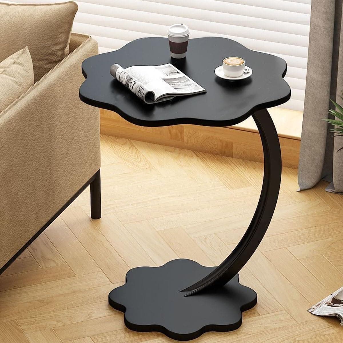 Owme Adjustable Table Stands Couch Side, Swivel TV Tray Table, C-Shaped End Table, Small Center Table for Home Office for Bedroom, Living Room | Closet with Dustproof Door (Marble Black, Flower)