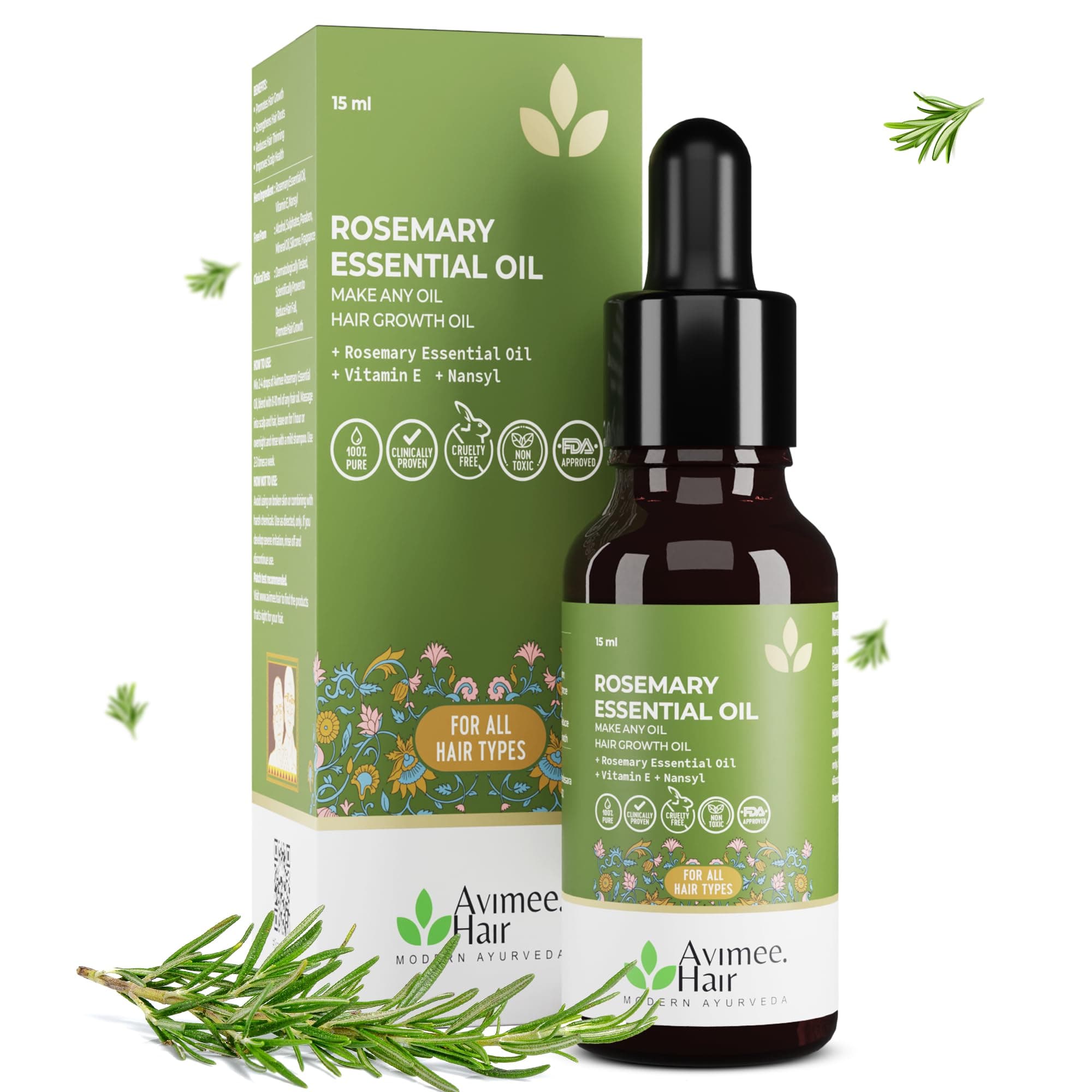 Avimee Herbal Rosemary Oil for Hair with Vit E & Nansyl | Helps in Hair Growth & Hair Fall Control, Hair Growth Oil | Clinically Approved Efficacy | 15ml