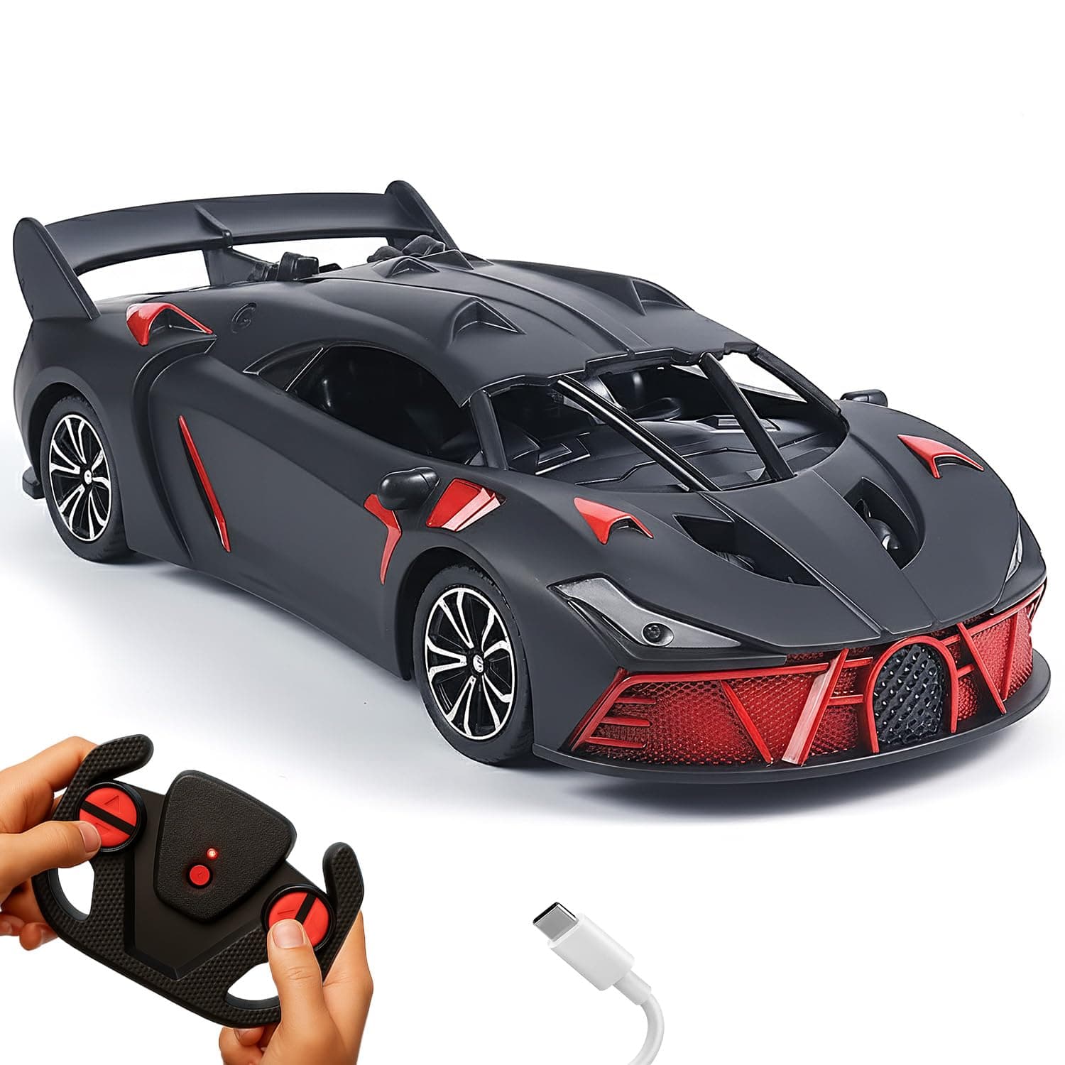 Lifelong Rechargeable Remote Control Car for Kids|2.4GHz, LED Headlights, Up to 90 to 120 min Non-Stop Play Time, 125ft Remote Range, Type-C Charging, Anti-Skid Tyres, BIS Certified, USB Cable (Black)