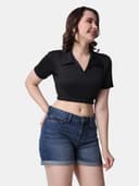 POPWINGS Women Casual Black Solid Collar Crop Top 5