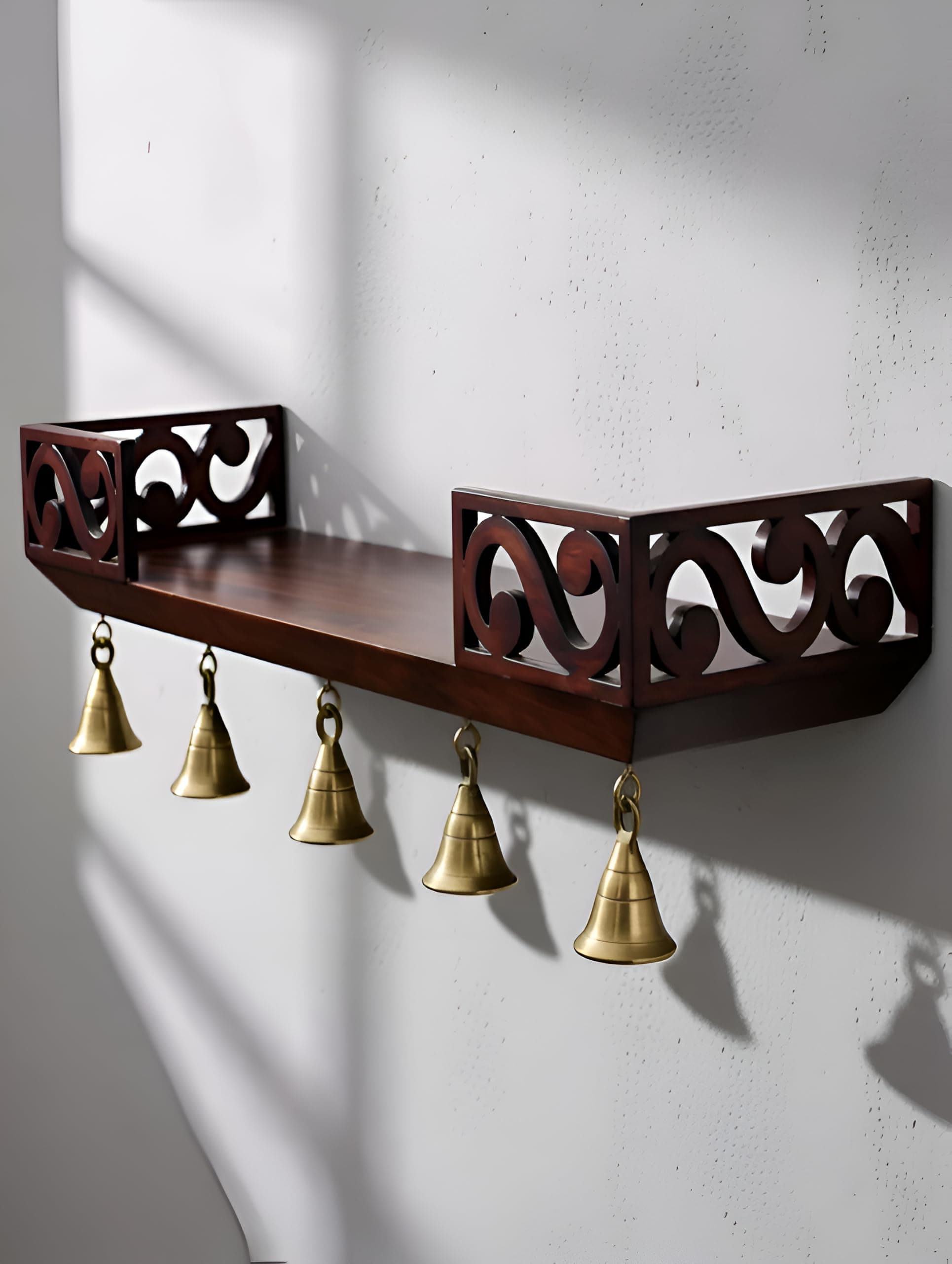 Wooden Wall Shelf with Bells, Traditional Indian Style, Rectangular, Painted Finish | Mandir wall Shelf for Home and Office (Brown)