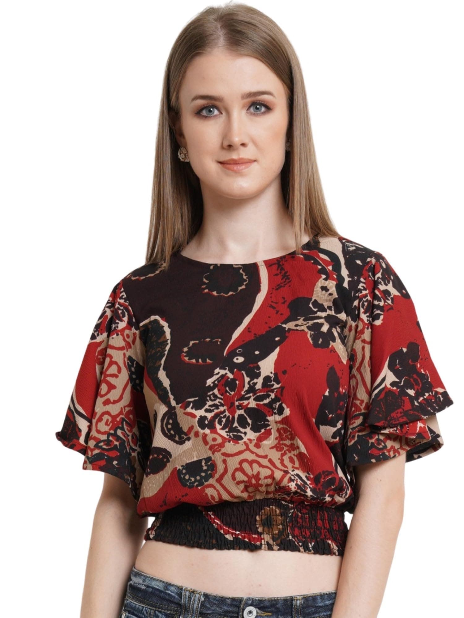 POPWINGS Women Casual Grey Floral Printed Regular Women Top