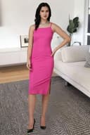 POPWINGS Casual Solid Knee Length Bodycon Dress for Women | Strap Boat Neck Bodycon Dress for Women | Summer Stylish Western Bodycon Dresses for Women 2