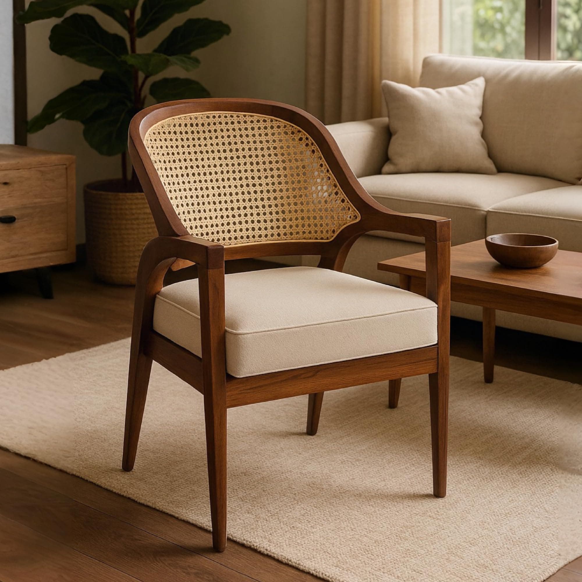 Handcrafted Rattan Accent Arm Chair for Home Â– Comfortable Cane Wood Chair for Living Room, Bedroom, Dining Room, Restaurant & Cafe Chair | Natural Finish
