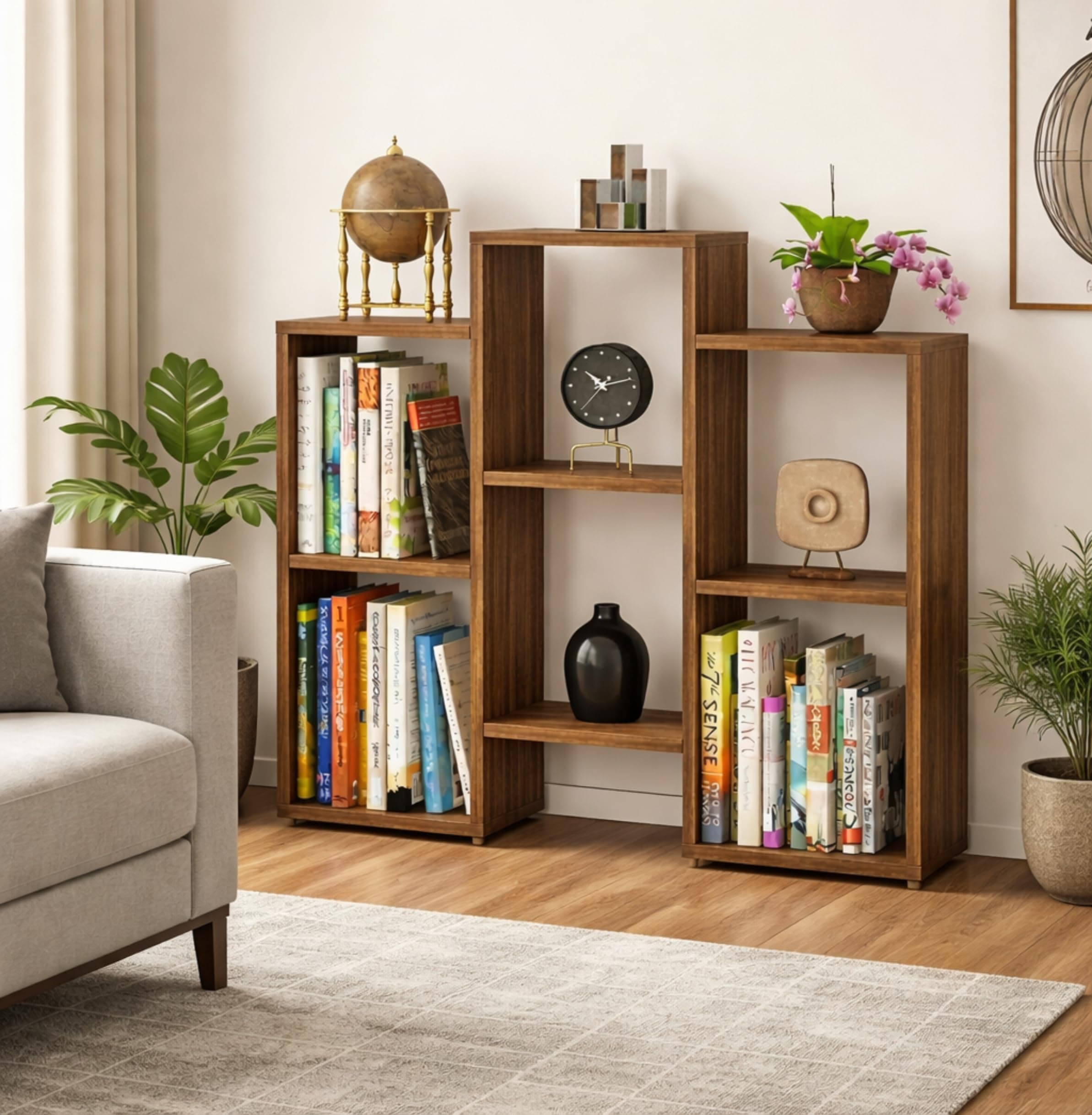 Enigmatic Woodworks Wooden Bookshelf 6-Tier, Large Open Bookcase Storage Rack Organizer for Home, Living Room & Study, DIY Assembly,Walnut Suede Finish, 24 x 90 x 90 cm
