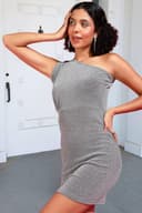 POPWINGS Casual Assymetrical One-Shoulder Shimmer Bodycon Dress for Women || Latest Stylish Western Bodycon Dress || Knee-Length Summer Bodycon Dresses for Women Grey 3