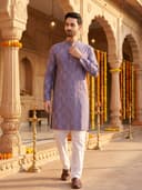 Studio Shringaar Men's Cotton Blend Relaxed Fit Ikat Printed Knee Length Kurta 3