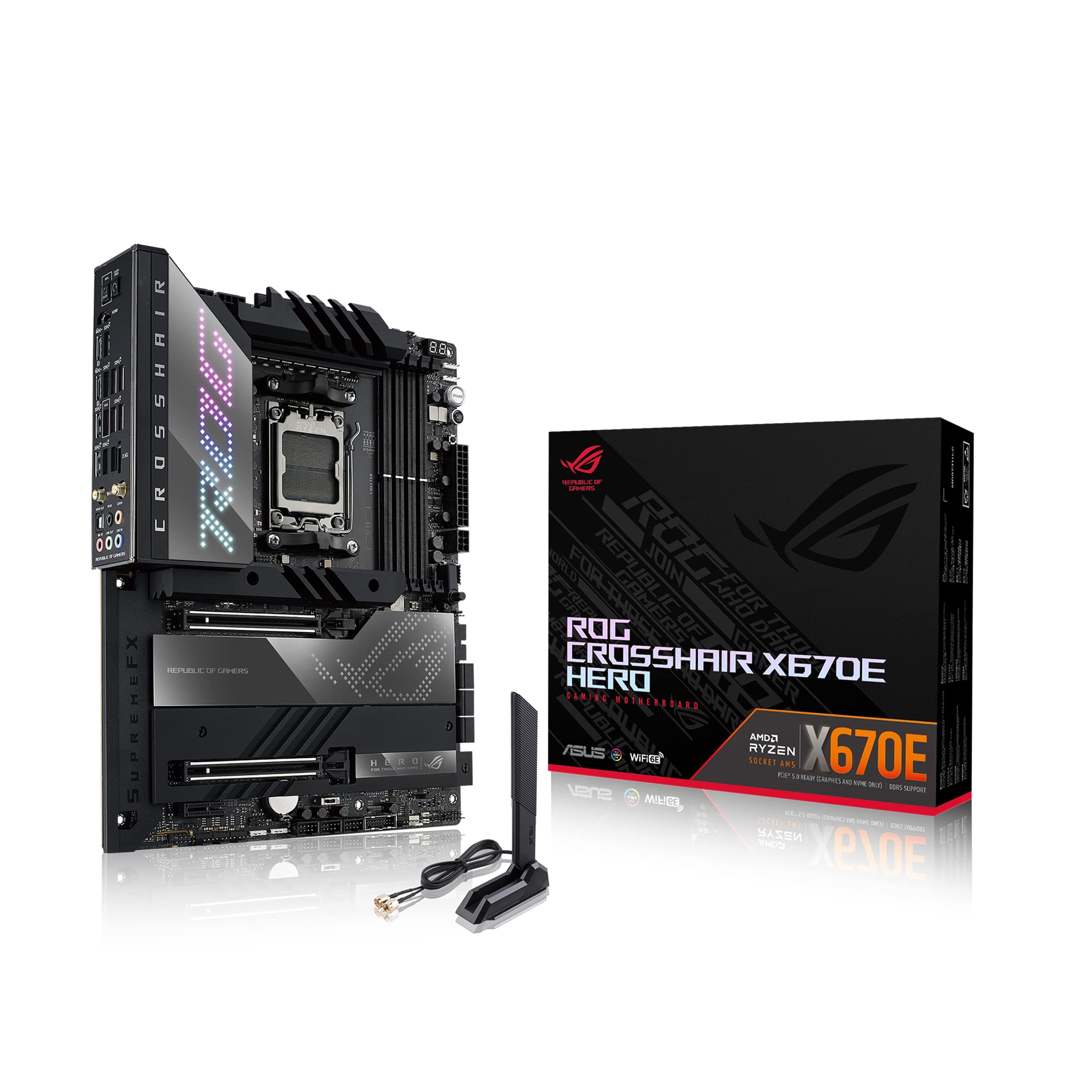 ASUS ROG Crosshair X670E Hero, Gaming ATX Motherboard, AMD AM5, DDR5, PCI 5.0, Intel 2.5Gb Ethernet, WiFi 6E (802.11ax), ROG SupremeFX 7.1 Surround, 5xM.2, 6xSATA 6GB/s, Aura Sync RGB