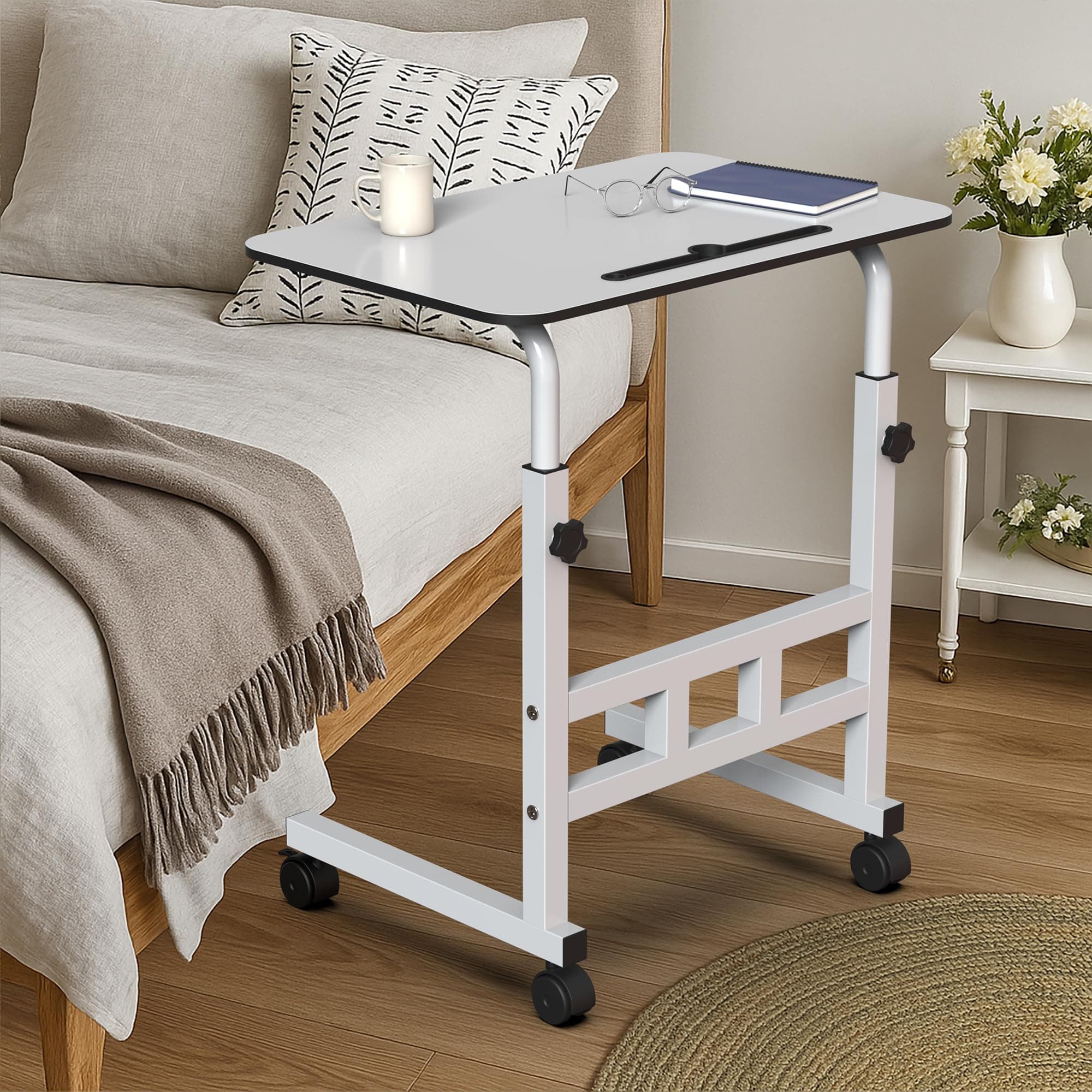 Amazon Brand - Umi Wooden Multipurpose Adjustable Height Adjustable Rolling Side Table with Wheels for Home, Study, Office and Bedroom - (White)