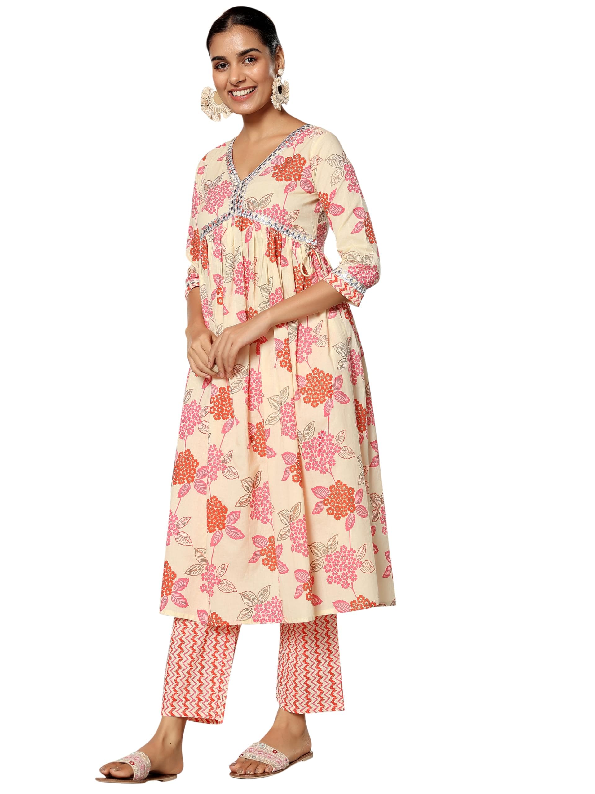 Libas Womens Printed Cotton A Line Kurta With Trousers | daily wear suit