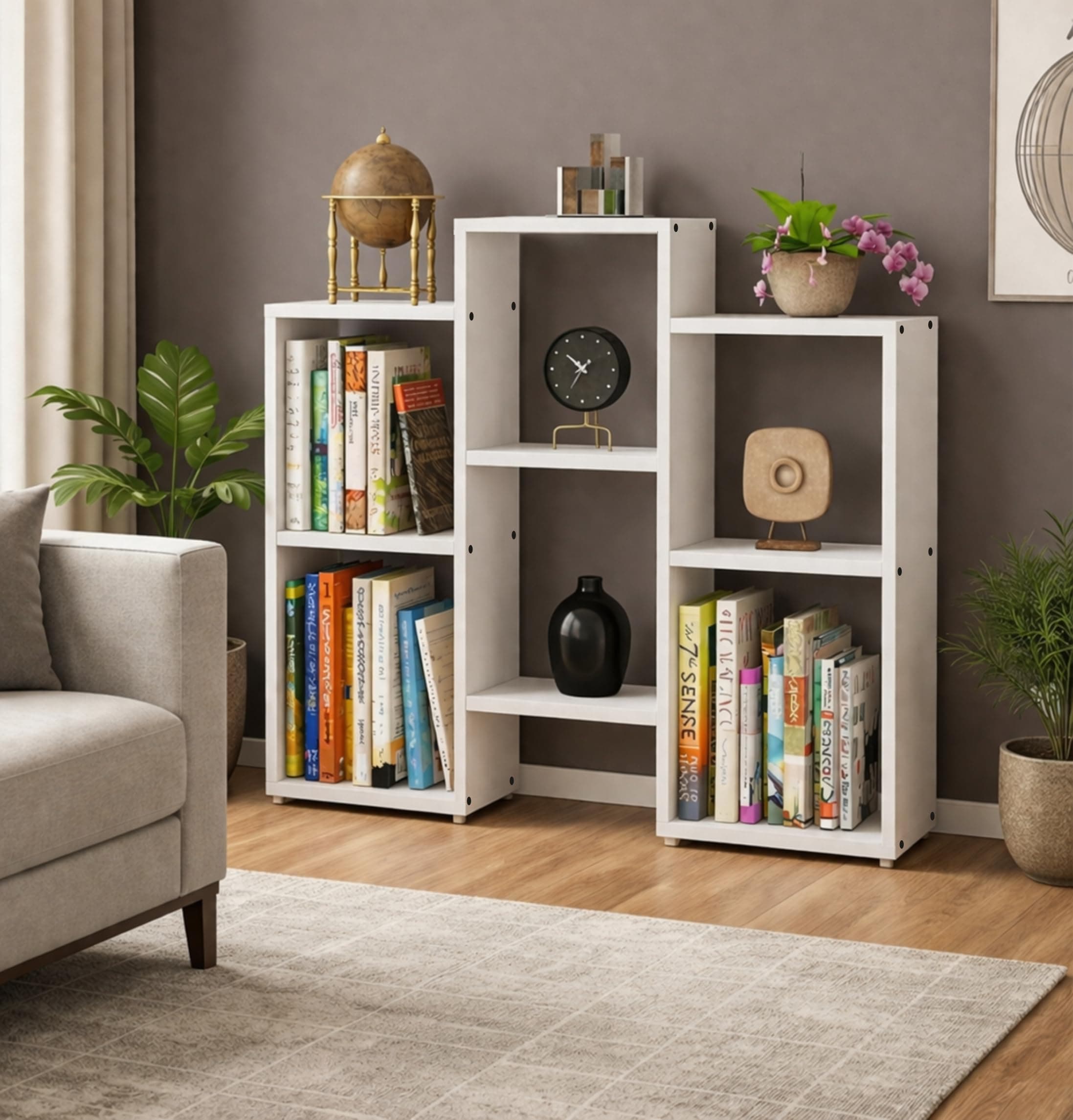 Enigmatic Woodworks Wooden Bookshelf 6-Tier, Large Open Bookcase Storage Rack Organizer for Home, Living Room & Study, DIY Assembly,White Suede Finish, 24 x 90 x 90 cm