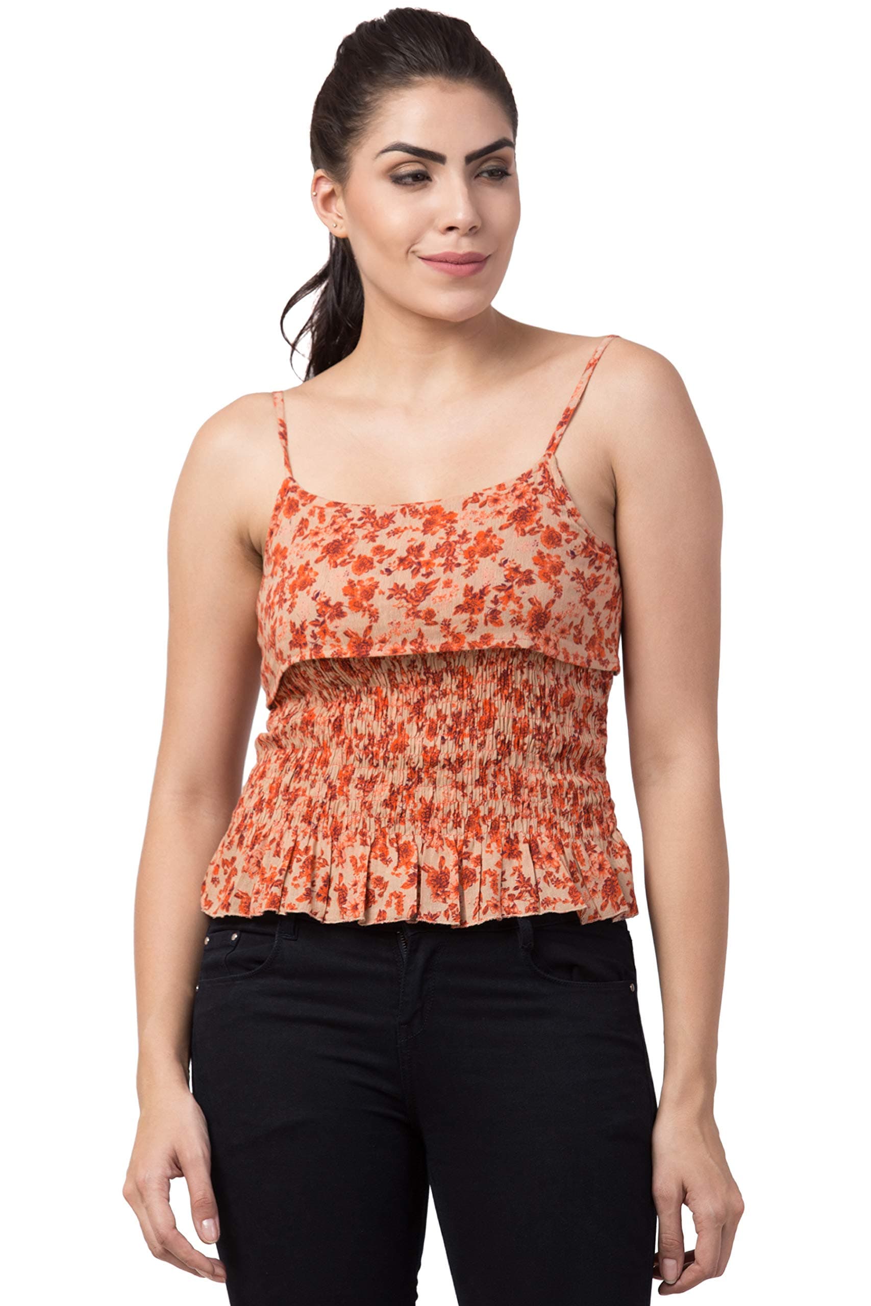 POPWINGS Casual No Sleeve Spaghetti Neck Printed Women Orange Top (Orange