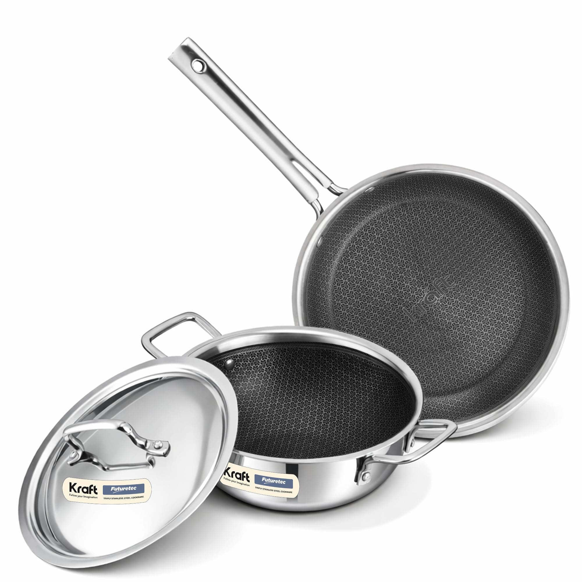 Kraft Futuretec Pro Stick Free Triply Stainless Steel Cookware Combo Set of 3 Pc | Kadai 2.4 L (22cm), Frypan 1.6 L (22cm) with Common Lid, Tri ply Induction, Gas cookware - 5 Year Warranty