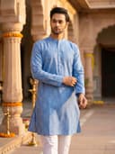Studio Shringaar Men's Cotton Blend Relaxed Fit Ikat Printed Knee Length Kurta 3