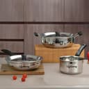 Lifelong 5 Piece Stainless Steel Cookware Set|2.2L Kadhai with Lid 22cm|1.4L Fry Pan 22cm|1.2L Saucepan 16cm|Comes with Two Lid|Induction & Gas Compatible|Bakelite Handles|Easy to Clean (Silver) 5