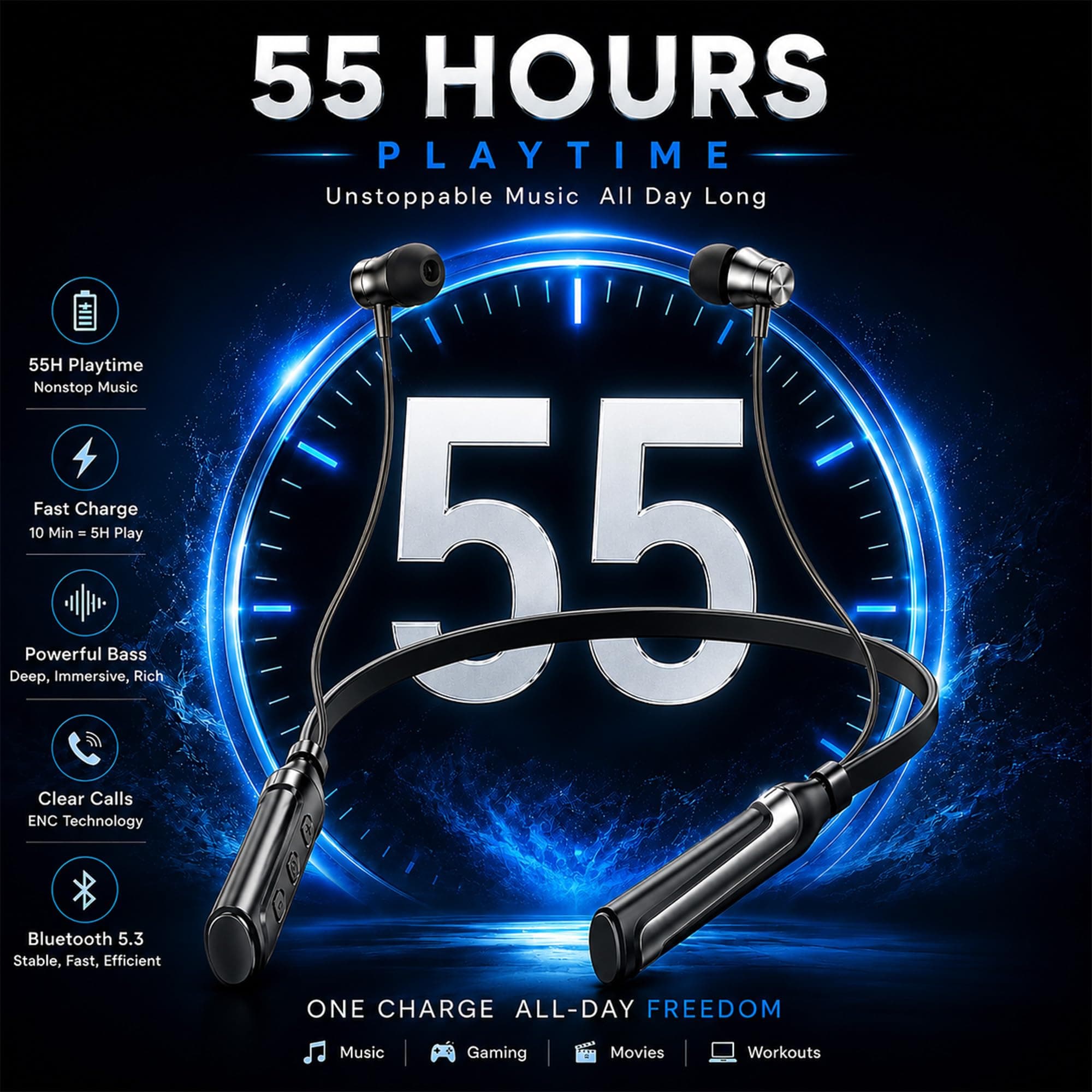 Kratos Jazz Neckband Bluetooth Headphones with 55H Playtime, Deep Bass, Stereo Sound, HD Calls, Magnetic Earbuds, Voice Assistant, Type-C Fast Charging, Rich Audio, Comfort Fit Bluetooth Neckband