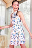 POPWINGS Women Casual Yellow Eye Printed Halter Neck Skater Dress Dress | Stylish Dress | Trendy Dress 4