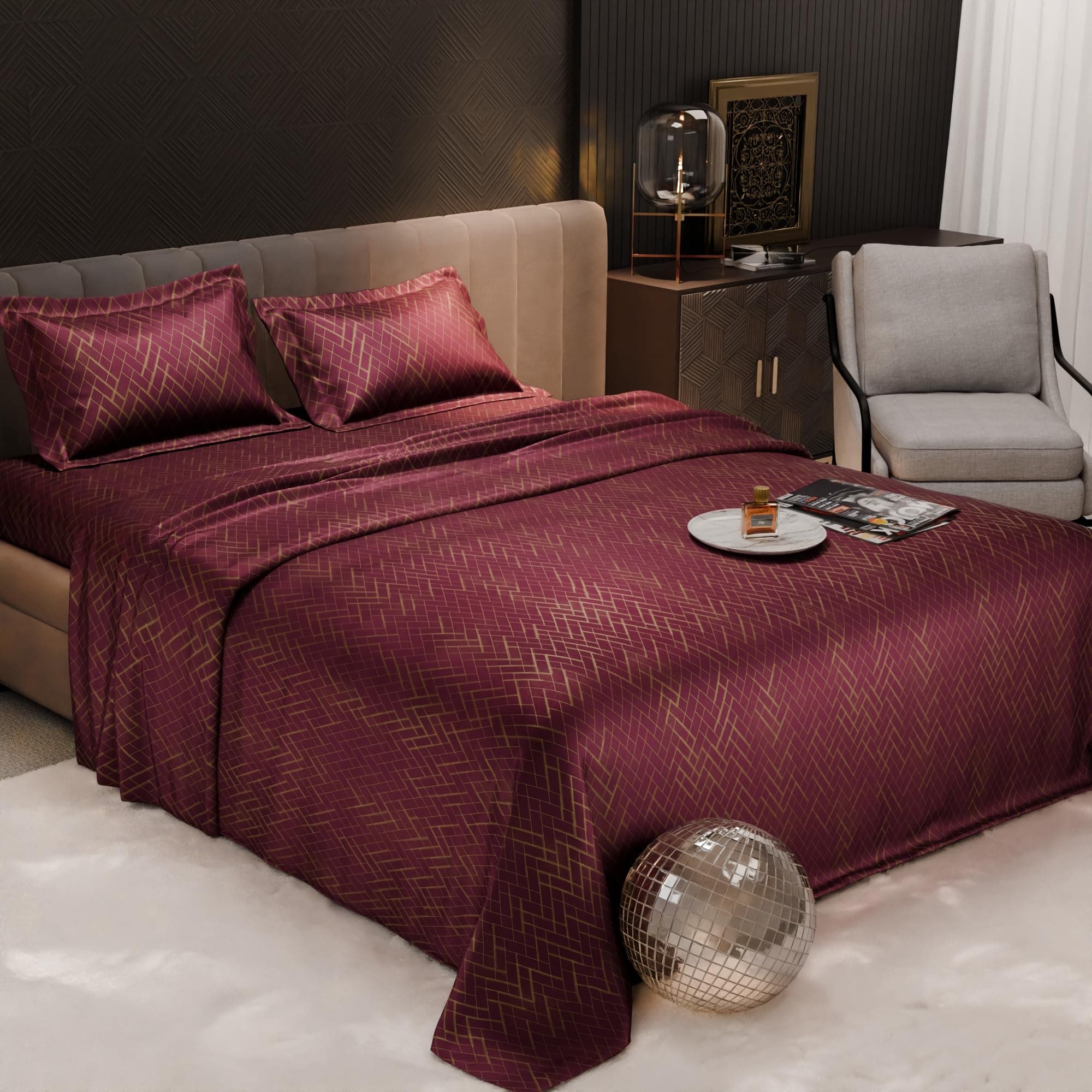 Stoa Paris 300TC UltraSatin Printed Double Bedsheet with 2 Pillow Covers, Gentle on Skin & Hair, Wrinkle & Fade Resistant, Aesthetic Home Decor, Gift for Couple, Starlit Night - Wine (228cm x 254cm)