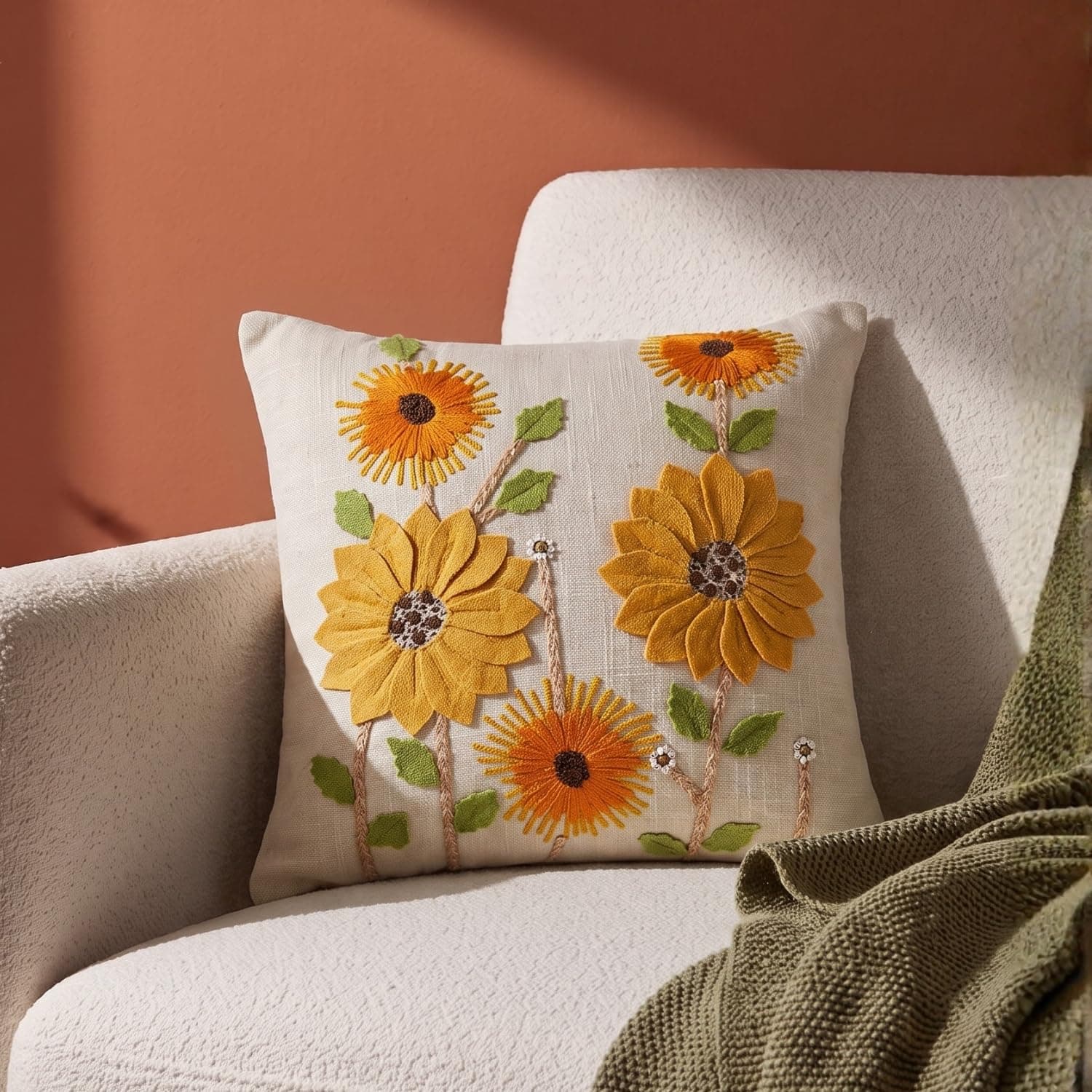 haus & kinder Cushion Cover 16 x 16 Inch | Embroidered Decorative Cushion Cover for Sofa, Bed & Home Decor | Ochre Spire Mustard | Pack of 1