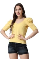 POPWINGS Casual Lime Yellow Top for Women || Cute Puff Half Sleeves Women Top for Summer || V-Neck Top for Women || Stylish Latest Western Women Tops for Summer 1