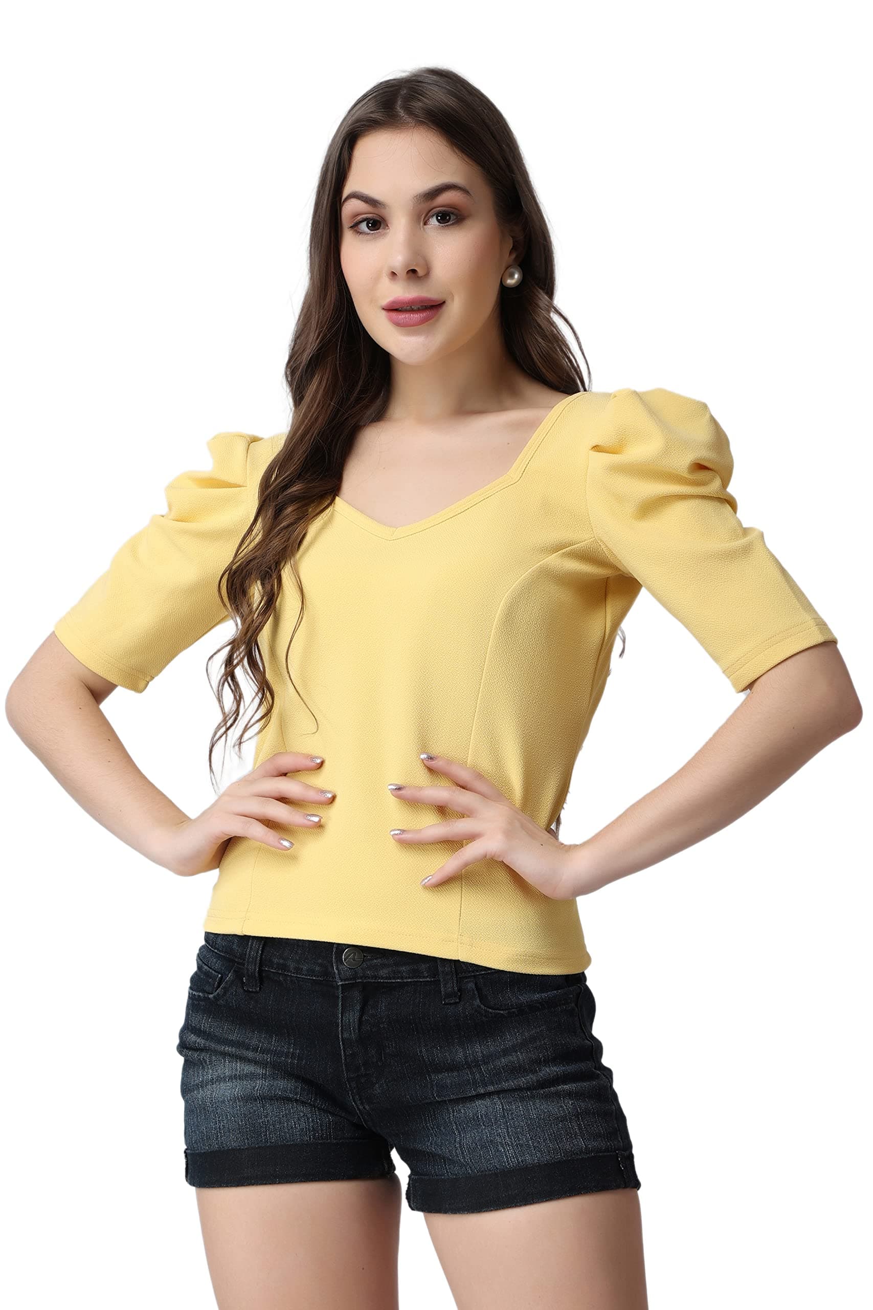 POPWINGS Casual Lime Yellow Top for Women || Cute Puff Half Sleeves Women Top for Summer || V-Neck Top for Women || Stylish Latest Western Women Tops for Summer