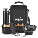 MILTON Pro Lunch Box with Steel Cutlery, 3 Microwave Safe Inner Steel Containers (180ml, 320ml, 450ml) Plastic Chutney Dabba 100ml, Bottle 750ml with Insulated Bag, Office Tiffin, Black 1