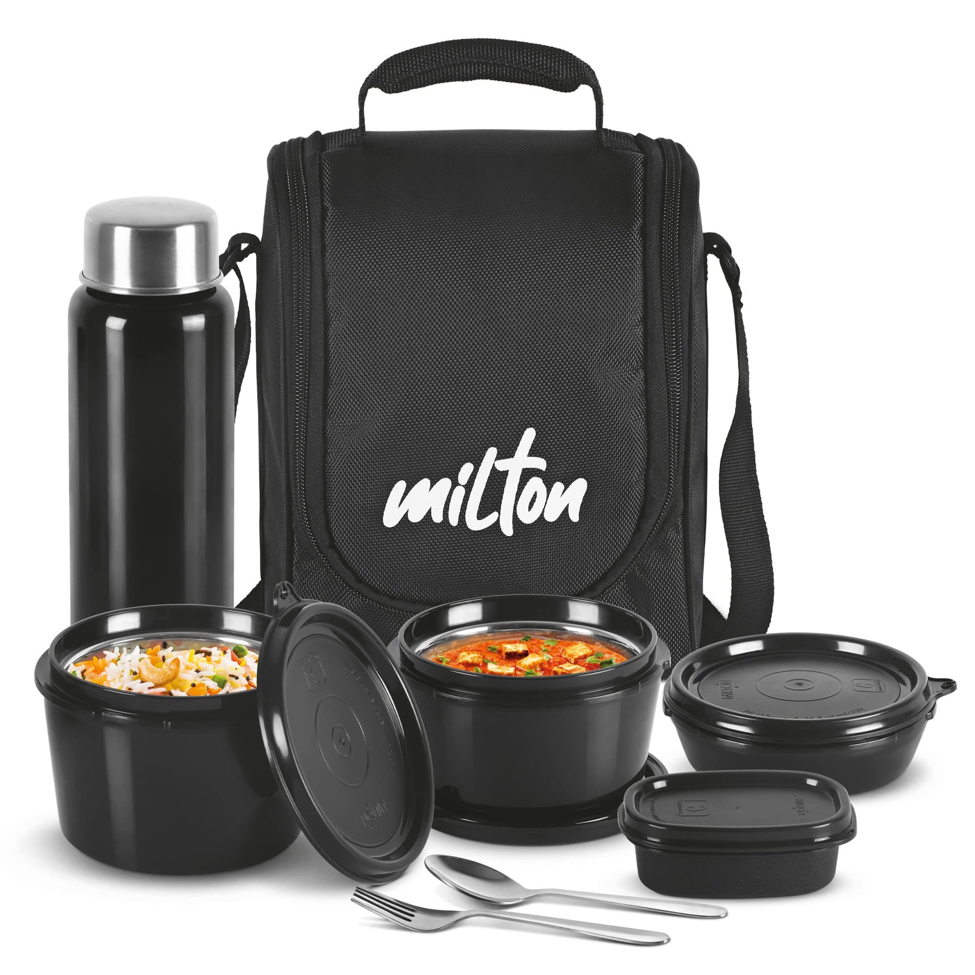 MILTON Pro Lunch Box with Steel Cutlery, 3 Microwave Safe Inner Steel Containers (180ml, 320ml, 450ml) Plastic Chutney Dabba 100ml, Bottle 750ml with Insulated Bag, Office Tiffin, Black